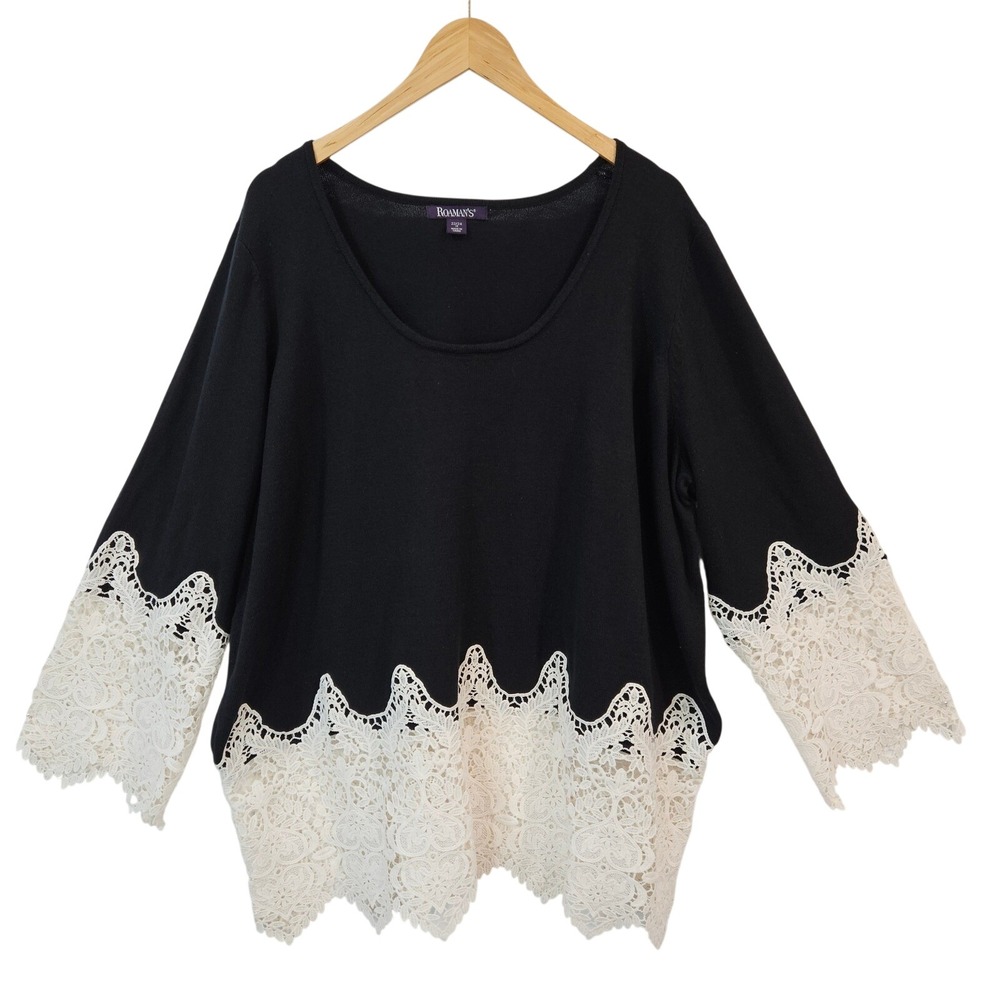 Roamans Lace Trim Knit Tunic Sweater‎ Plus 1X Black Boho Bell Sleeve Going Out